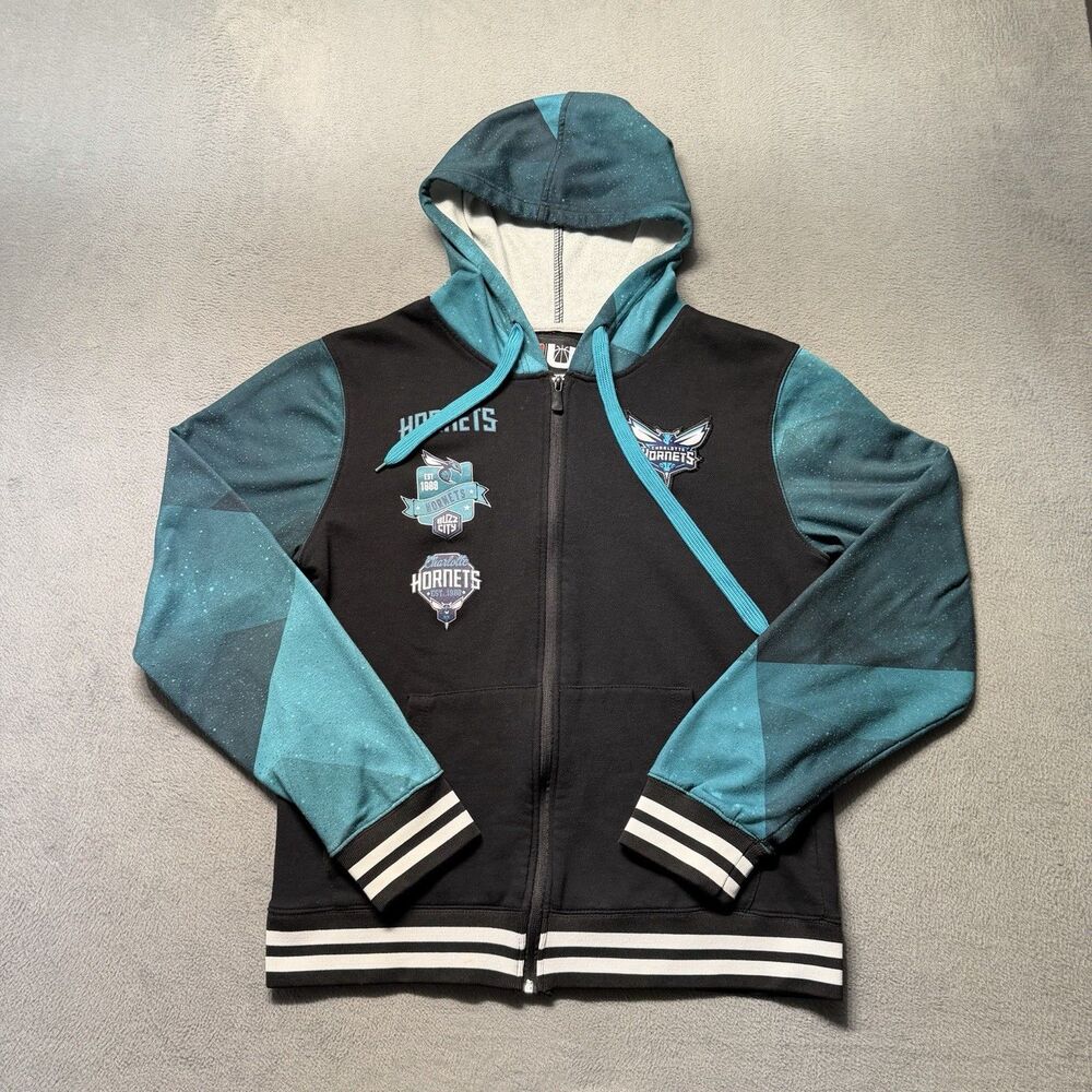 UNK Charlotte Hornets Hoodie Mens Large Full Zip Black Blue Logo Color Block NBA